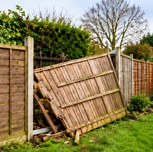Storm damaged wooden garden fence with broken panels requiring repair